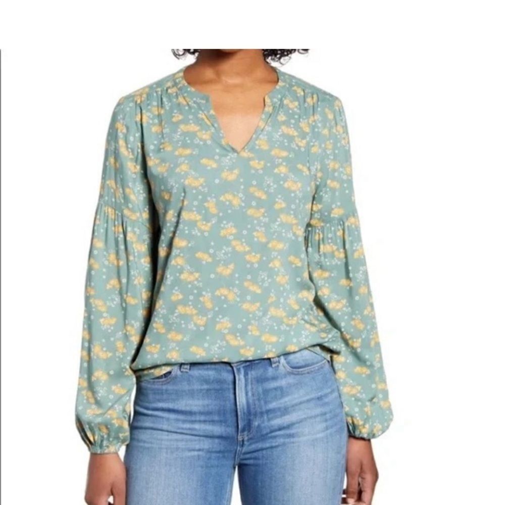 Caslon Split Neck Top in Green Yellow Mia Floral size small 100% Modal L